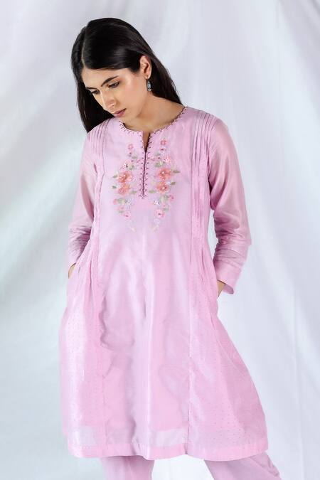 Beige_Pink Cotton, Chanderi Bead Work, Striped, Block Printed V Short Kurta And Pant Set_Online_at_Aza_Fashions
