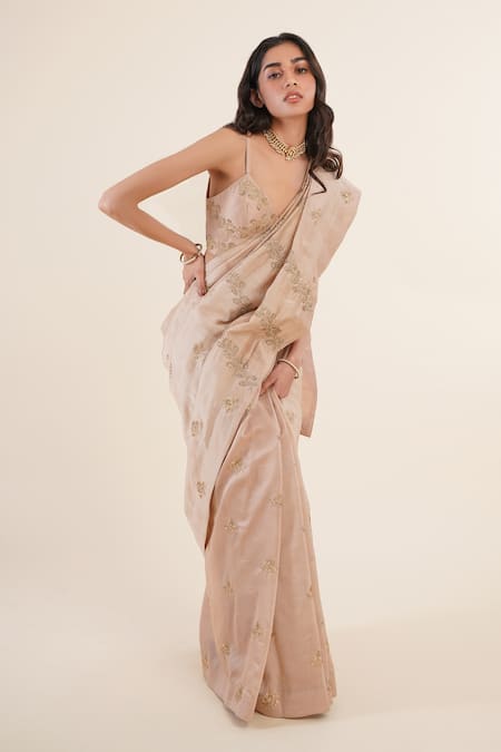 Rashi Jain_Beige Chanderi Floral Motifs Embroidered Saree_Online_at_Aza_Fashions