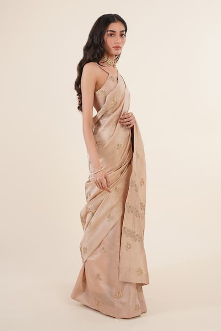 Buy_Rashi Jain_Beige Chanderi Floral Motifs Embroidered Saree_Online_at_Aza_Fashions