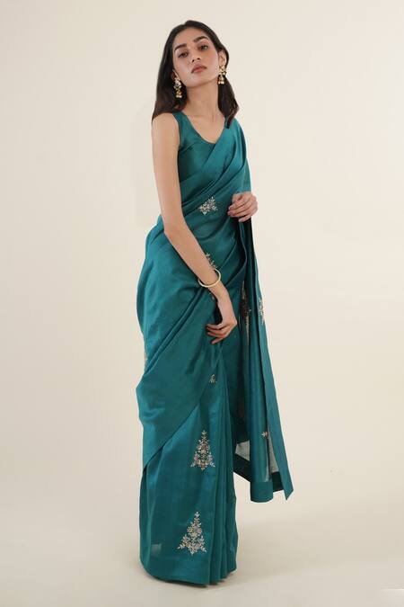 Rashi Jain_Green Chanderi Floral Motifs Embroidered Saree_Online_at_Aza_Fashions