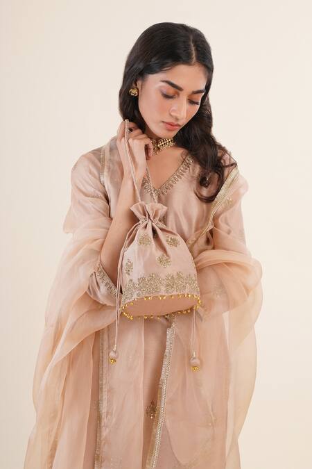 Rashi Jain_Beige Organza, Chanderi Floral Motifs Leaf Neck Kurta Sharara Set _at_Aza_Fashions