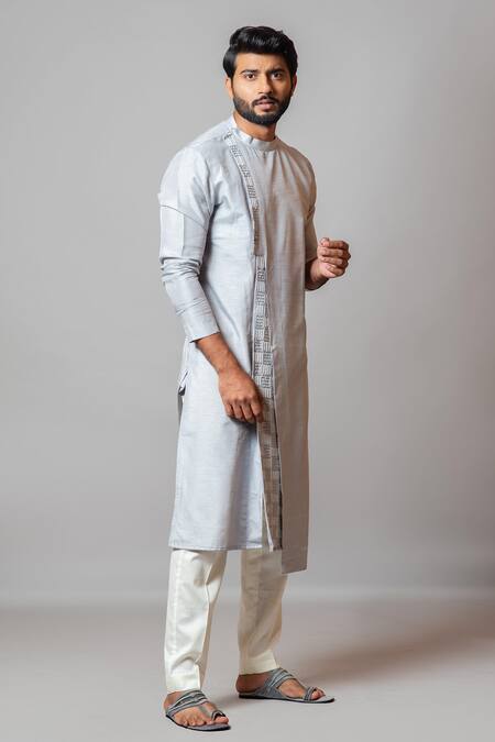 PAARSH_Blue Bam Silk, Malai Cotton Sequin The Glowing Coral Asymmetric Kurta Set _Online_at_Aza_Fashions