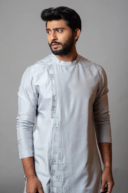 Buy_PAARSH_Blue Bam Silk, Malai Cotton Sequin The Glowing Coral Asymmetric Kurta Set _Online_at_Aza_Fashions