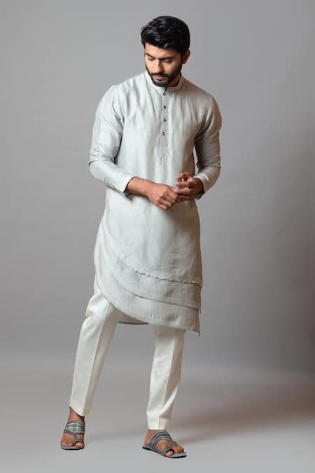 PAARSH_Blue Bam Silk, Malai Cotton Pearls Of Hope Full Sleeve Kurta Set_Online_at_Aza_Fashions