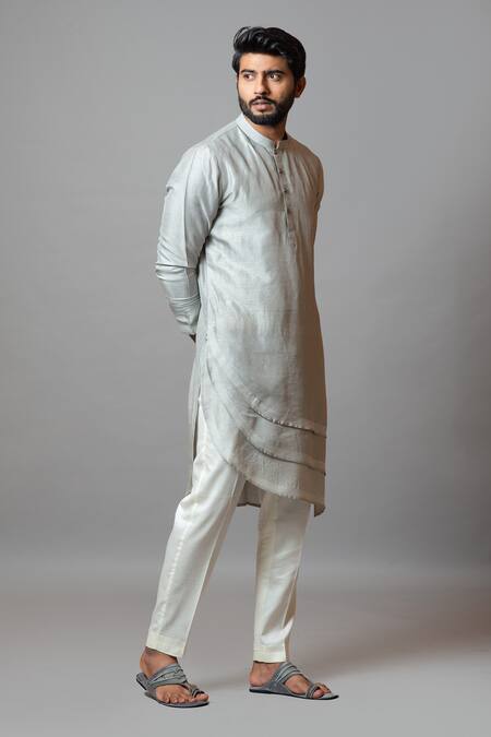 Buy_PAARSH_Blue Bam Silk, Malai Cotton Pearls Of Hope Full Sleeve Kurta Set_Online_at_Aza_Fashions