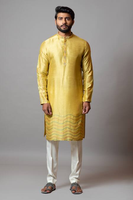 PAARSH_Yellow Bam Silk, Malai Cotton Kantha Elkhorn Full Sleeve Kurta Set _Online_at_Aza_Fashions