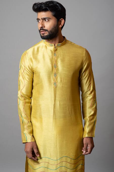 Buy_PAARSH_Yellow Bam Silk, Malai Cotton Kantha Elkhorn Full Sleeve Kurta Set _Online_at_Aza_Fashions