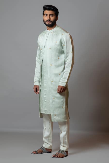 PAARSH_Green Linen Satin, Malai Cotton Floral The Water Iris Panelled Kurta Set_Online_at_Aza_Fashions