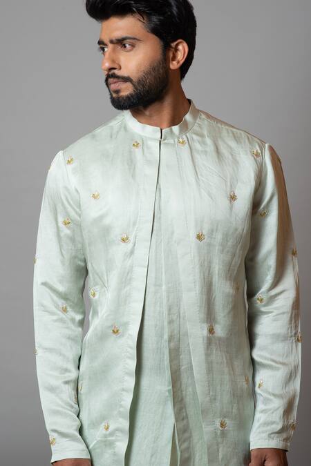 Buy_PAARSH_Green Linen Satin, Malai Cotton Floral The Water Iris Panelled Kurta Set_Online_at_Aza_Fashions