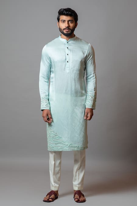 PAARSH_Blue Linen Satin, Malai Cotton Floral Ripple Kurta Set_Online_at_Aza_Fashions
