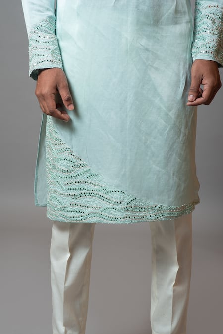 Buy_PAARSH_Blue Linen Satin, Malai Cotton Floral Ripple Kurta Set_Online_at_Aza_Fashions