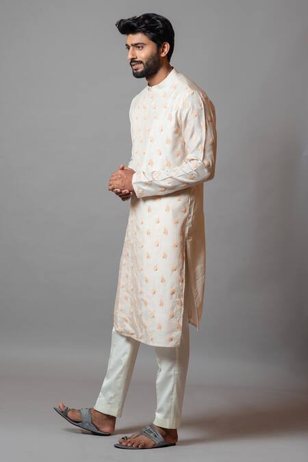 PAARSH_Beige Bam Silk, Malai Cotton Sea Coral Filigree Overlap Kurta Set _Online_at_Aza_Fashions