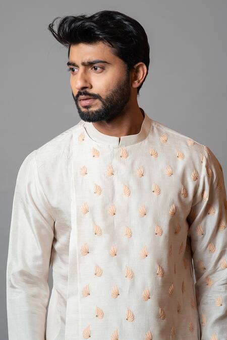 Buy_PAARSH_Beige Bam Silk, Malai Cotton Sea Coral Filigree Overlap Kurta Set _Online_at_Aza_Fashions