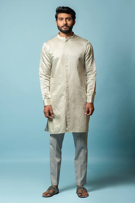PAARSH_Grey Linen Satin, Malai Cotton Noaa Kurta Set _Online_at_Aza_Fashions