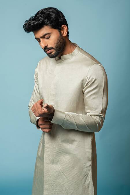 Buy_PAARSH_Grey Linen Satin, Malai Cotton Noaa Kurta Set _Online_at_Aza_Fashions