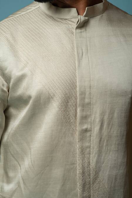 Shop_PAARSH_Grey Linen Satin, Malai Cotton Noaa Kurta Set _Online_at_Aza_Fashions