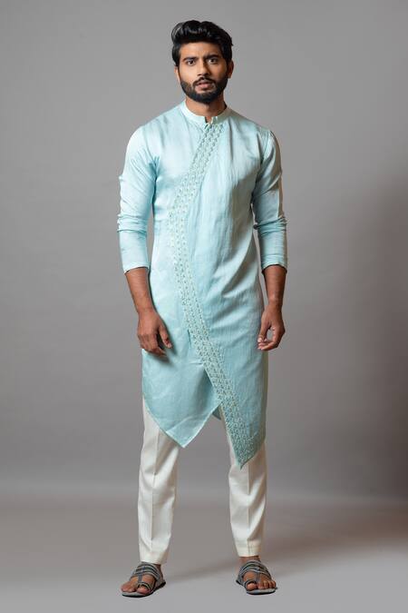 PAARSH_Blue Linen Satin, Malai Cotton Yosemite Valley Kurta Set_Online_at_Aza_Fashions