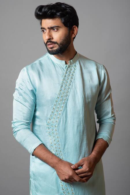 Buy_PAARSH_Blue Linen Satin, Malai Cotton Yosemite Valley Kurta Set_Online_at_Aza_Fashions