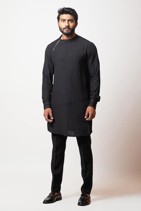 PAARSH_Black Rayon, Malai Cotton Divine Aura Pintuck Kurta Set_Online_at_Aza_Fashions