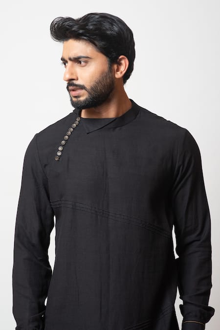 Buy_PAARSH_Black Rayon, Malai Cotton Divine Aura Pintuck Kurta Set_Online_at_Aza_Fashions