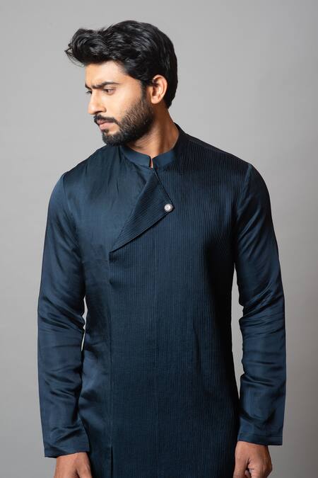 Shop_PAARSH_Blue Linen Satin, Malai Cotton Grave Abyss Kurta Set_Online_at_Aza_Fashions