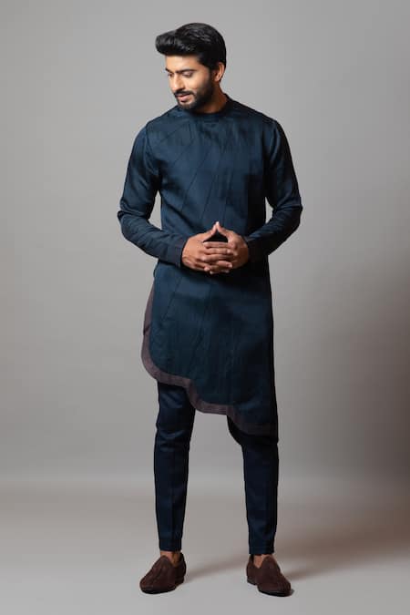 Paarsh Blue Linen Satin Plain Rogue Wave Pintuck Kurta Set 