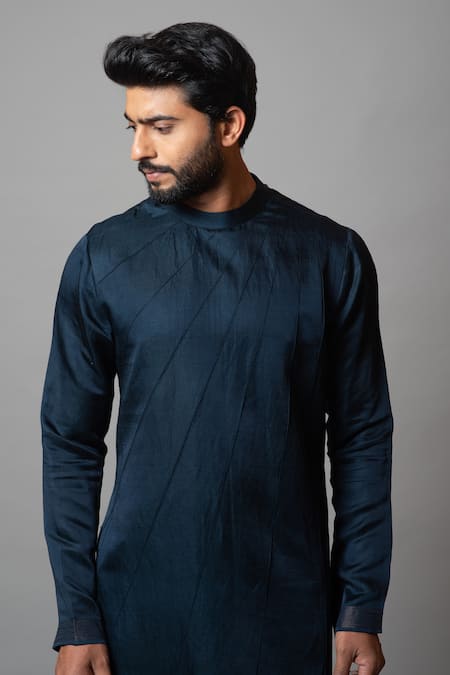 Shop_Paarsh_Blue Linen Satin, Malai Cotton Rogue Wave Pintuck Kurta Set _Online_at_Aza_Fashions