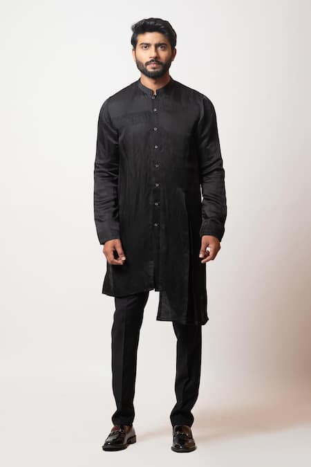 PAARSH Black Cotton, Modal Satin Amaaya Asymmetric Kurta Set Online at Aza Fashions PAARSH_Black Cotton, Modal Satin Amaaya Asymmetric Kurta Set_Online_at_Aza_Fashions