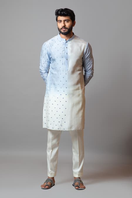 PAARSH_Blue Cotton, Bam Silk Mirror Horizon Embroidered Kurta Set _Online_at_Aza_Fashions