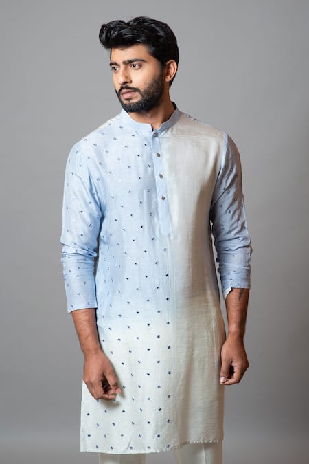 Shop_PAARSH_Blue Cotton, Bam Silk Mirror Horizon Embroidered Kurta Set _Online_at_Aza_Fashions