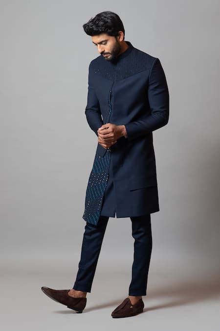 PAARSH_Blue Tricot Suiting Geometric Savorona Asymmetric Achkan Set_Online_at_Aza_Fashions