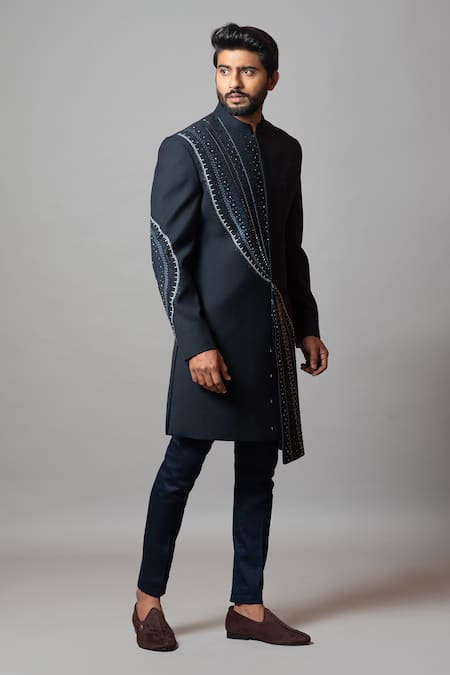 Paarsh_Blue Tricot Suiting Geometric Sea Of Stars Embroidered Achkan Set _Online_at_Aza_Fashions