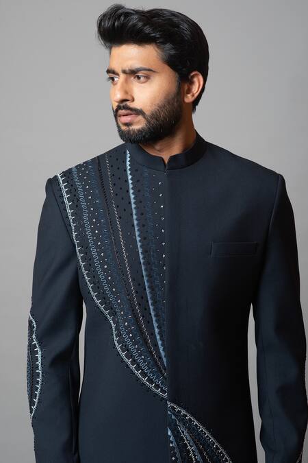 Buy_Paarsh_Blue Tricot Suiting Geometric Sea Of Stars Embroidered Achkan Set _Online_at_Aza_Fashions