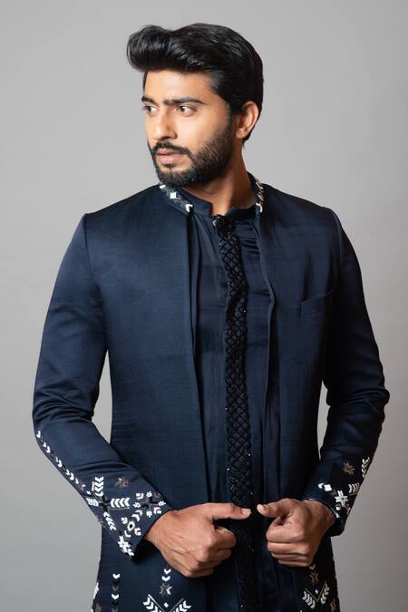 Buy_PAARSH_Blue Cotton, Linen Satin Cutdana Constellation Embroidered Achkan Set_Online_at_Aza_Fashions