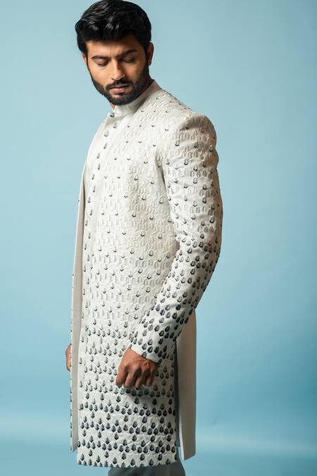 Buy_PAARSH_White Cotton, Linen Satin Leaf Spectrum Achkan Set _Online_at_Aza_Fashions