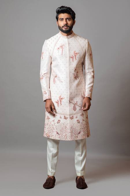 PAARSH Pink Cotton, Raw Silk Aari Work, French Knots, Sequins Vann Sherwani Set Online at Aza Fashions PAARSH_Pink Cotton, Raw Silk Aari Work, French Knots, Sequins Vann Sherwani Set _Online_at_Aza_Fashions