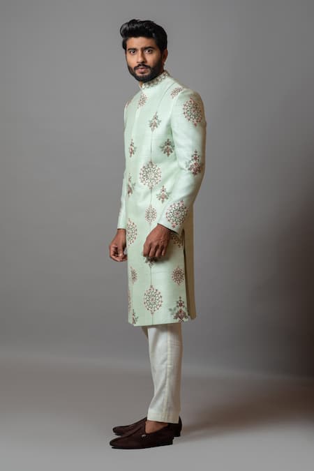 PAARSH_Green Cotton, Raw Silk Floral Rajasva Embroidered Sherwani Set _Online_at_Aza_Fashions