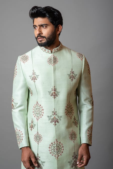 Buy_PAARSH_Green Cotton, Raw Silk Floral Rajasva Embroidered Sherwani Set _Online_at_Aza_Fashions