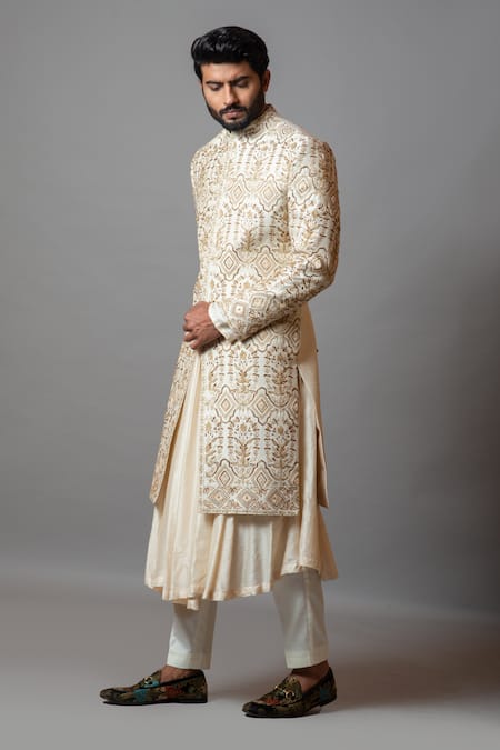PAARSH White Cotton, Raw , Katan Floral Shaasak Embroidered Sherwani Set Online at Aza Fashions PAARSH_White Cotton, Raw , Katan Floral Shaasak Embroidered Sherwani Set _Online_at_Aza_Fashions