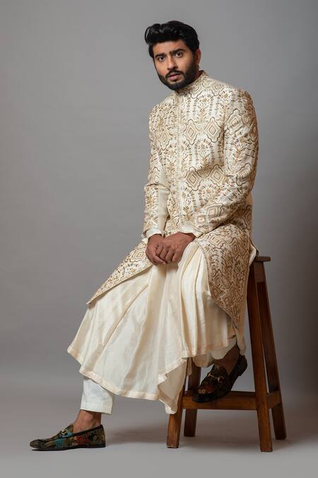 Buy PAARSH White Cotton, Raw , Katan Floral Shaasak Embroidered Sherwani Set Online at Aza Fashions Buy_PAARSH_White Cotton, Raw , Katan Floral Shaasak Embroidered Sherwani Set _Online_at_Aza_Fashions