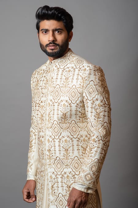 Shop PAARSH White Cotton, Raw , Katan Floral Shaasak Embroidered Sherwani Set Online at Aza Fashions Shop_PAARSH_White Cotton, Raw , Katan Floral Shaasak Embroidered Sherwani Set _Online_at_Aza_Fashions