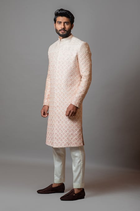 PAARSH Pink Cotton, Raw Silk Bel Patra Aseem Embroidered Sherwani Set Online at Aza Fashions PAARSH_Pink Cotton, Raw Silk Bel Patra Aseem Embroidered Sherwani Set _Online_at_Aza_Fashions