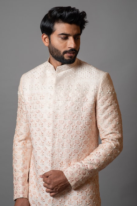 Buy PAARSH Pink Cotton, Raw Silk Bel Patra Aseem Embroidered Sherwani Set Online at Aza Fashions Buy_PAARSH_Pink Cotton, Raw Silk Bel Patra Aseem Embroidered Sherwani Set _Online_at_Aza_Fashions