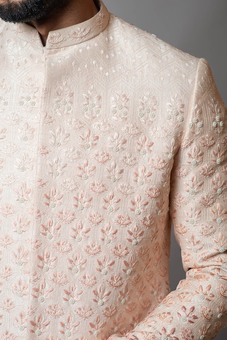 PAARSH Pink Cotton, Raw Silk Bel Patra Aseem Embroidered Sherwani Set at Aza Fashions PAARSH_Pink Cotton, Raw Silk Bel Patra Aseem Embroidered Sherwani Set _at_Aza_Fashions