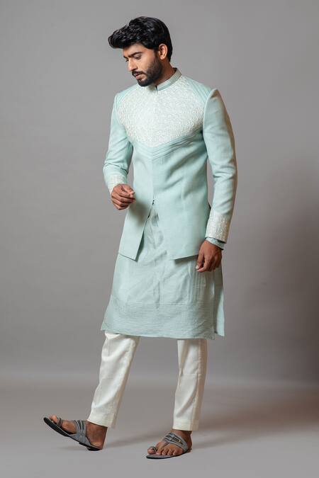 PAARSH Blue Cotton, Bam Silk Starfish Embroidered Bandhgala And Kurta Set Online at Aza Fashions PAARSH_Blue Cotton, Bam Silk Starfish Embroidered Bandhgala And Kurta Set _Online_at_Aza_Fashions