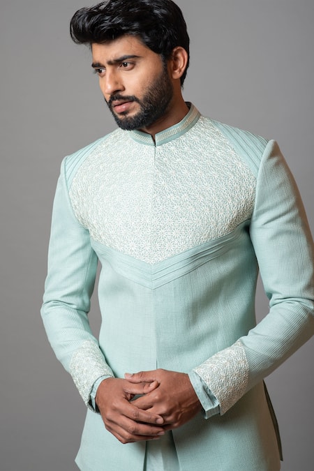 Buy PAARSH Blue Cotton, Bam Silk Starfish Embroidered Bandhgala And Kurta Set Online at Aza Fashions Buy_PAARSH_Blue Cotton, Bam Silk Starfish Embroidered Bandhgala And Kurta Set _Online_at_Aza_Fashions