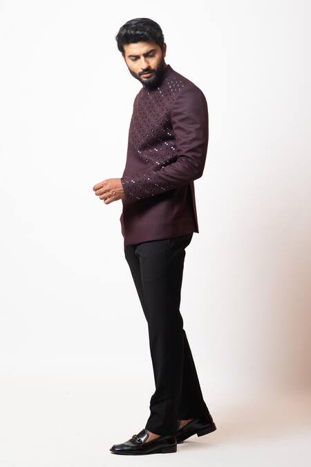 PAARSH_Purple Tricot Cutdana Starlight Bridge Embroidered Bandhgala Set _Online_at_Aza_Fashions