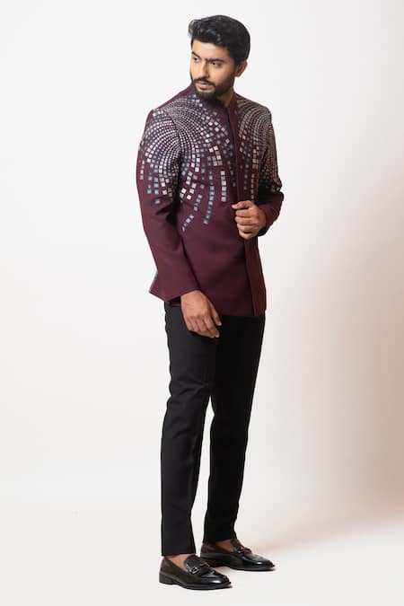 PAARSH_Purple Tricot Thread The Koi Embroidered Bandhgala Set _Online_at_Aza_Fashions