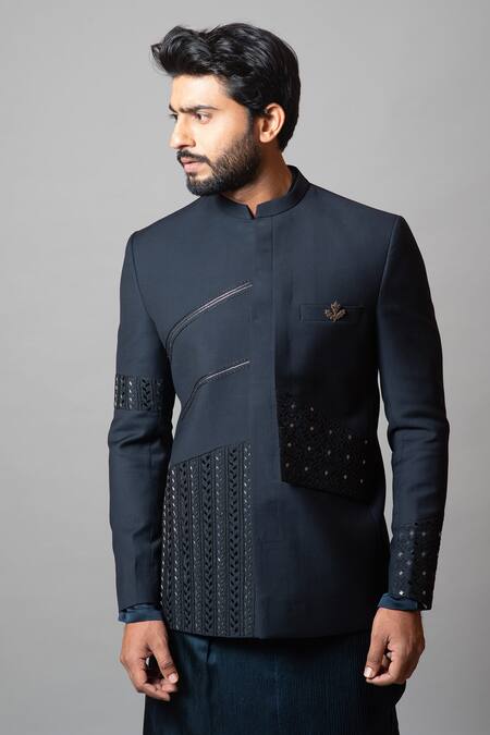 Buy_PAARSH_Blue Linen Satin, Tricot Cutdana The Grave Abyss Embroidered Bandhgala Set _Online_at_Aza_Fashions