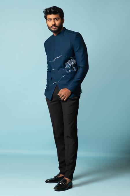 PAARSH_Blue Tricot Tree Wisteria Embroidered Bandhgala Set _Online_at_Aza_Fashions